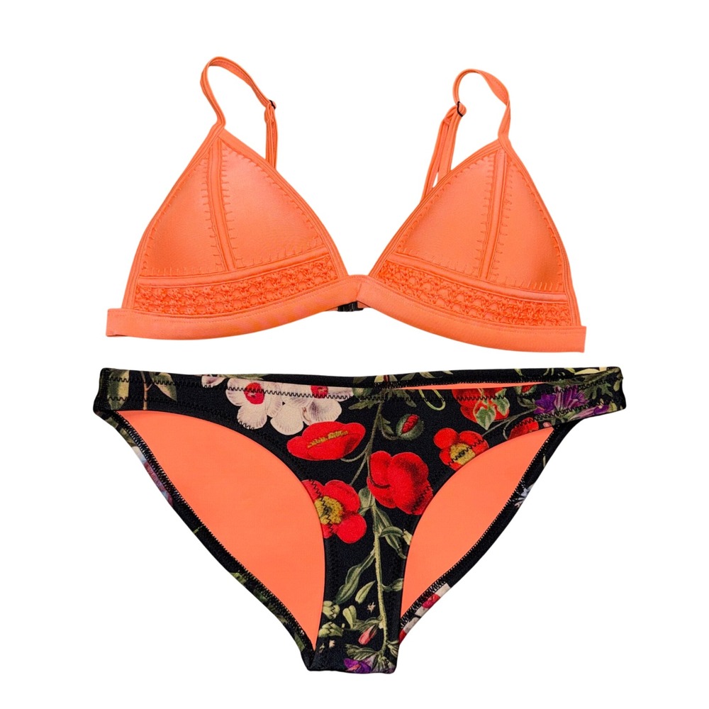 Triangl Bikini Set Womens L Top‎ S Bottom Orange Floral Neoprene Good Trim